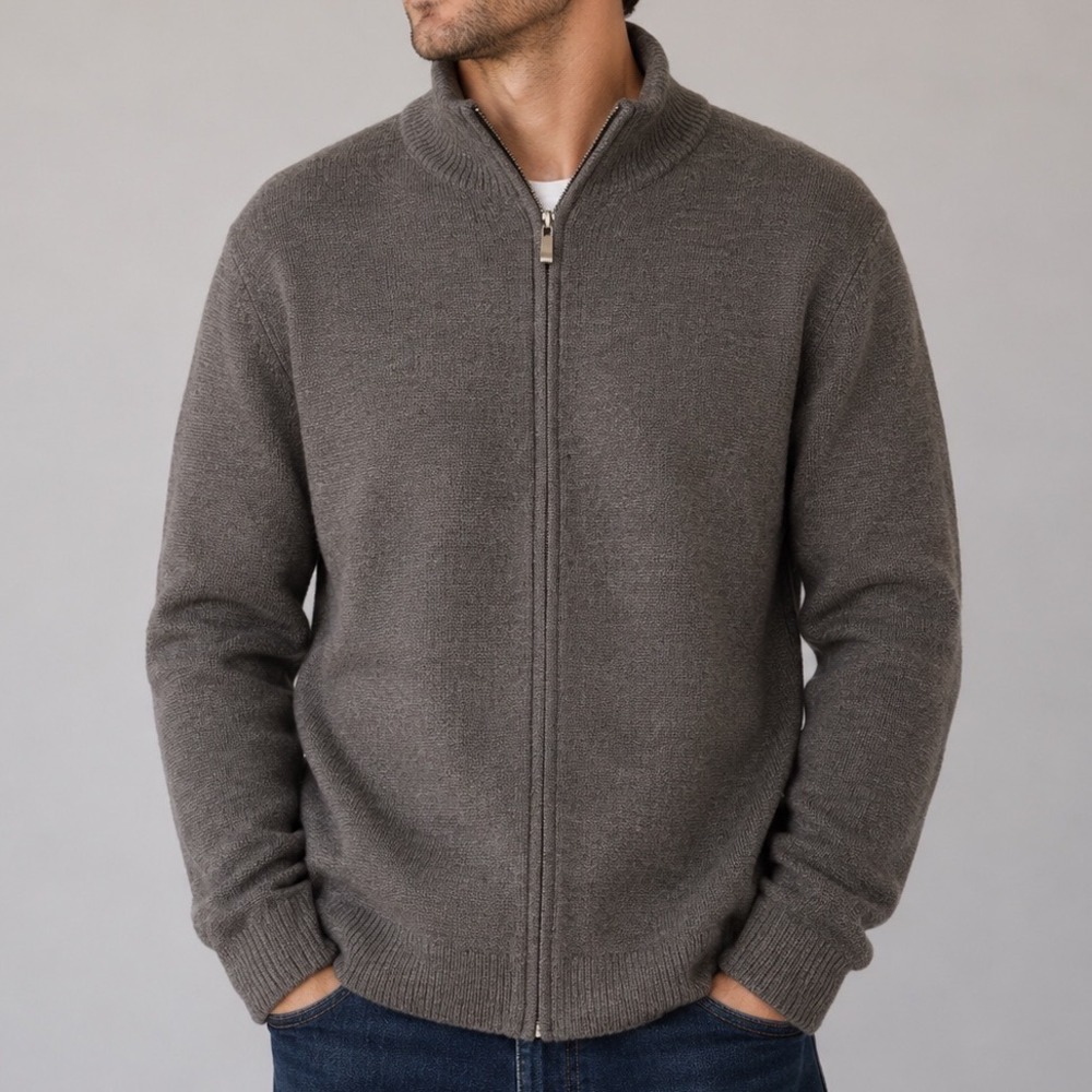 Structure Men's Medium 100% Merino Wool Full Zip Sweater Charcoal Mock Neck